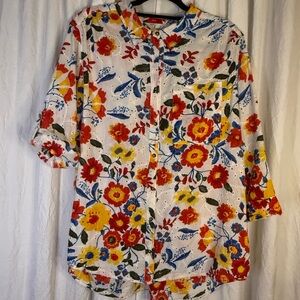 Cafe Marrakesh Floral Button-Down Shirt - Red, Yellow, Blue